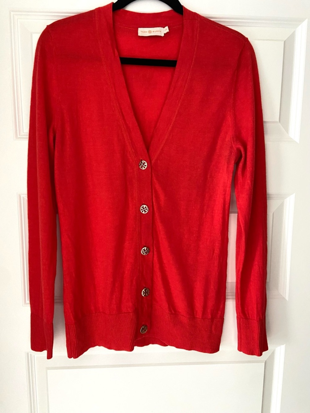 Tory Burch Bright Red Simone Cardigan Women's Classic Knit Sweater Size L